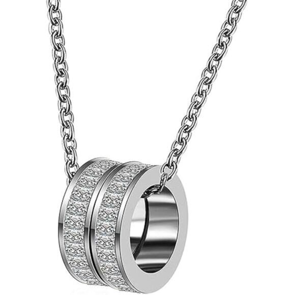 Stainless Steel 2 Eternity Rings Charm Statement Wedding Party Pendant Necklace - Picture 6 of 6